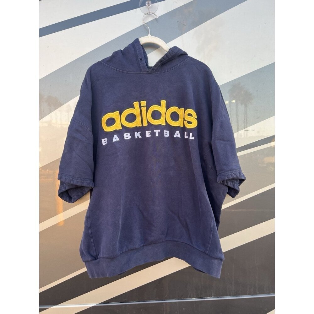 VINTAGE 90s ADIDAS basketball blue short sleeve hoodie embroidered streetwear XL